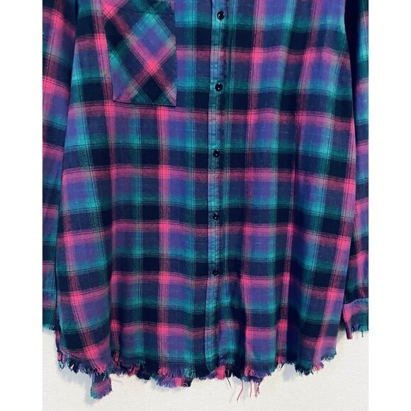 One 24 Rags Top Womens XXL Bright Plaid Flannel Fringe Hem Button Up Long Grunge - Picture 3 of 8